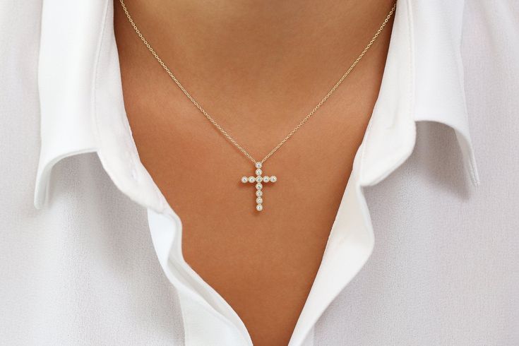 "Cross Necklace / Diamond Cross / 14k Gold Diamond Cross Pendant / Diamond Cross / Religious Necklace / Gold Cross Necklace / Birthday Gift Item Details * Made to Order. * Gold Kt: 14K * Choice of Gold Color: Rose Gold, Yellow Gold, White Gold * Round Diamond: 1.6 MM * Total Number of Stones: 11 * Total CTW: 20 ctw * Diamond Color Clarity: G Color SI Clarity * Setting Type: Bezel * Ready to Ship in 7-10 Business Days If you have any additional questions about this ring, just hit the \"Ask a Ques Elegant Diamond Cross Pendant Necklace Vvs Clarity, Classic Diamond Cross Necklace For Formal Occasions, Elegant Crucifix Diamond Necklace In White Gold, Elegant White Gold Diamond Necklace With Crucifix, Elegant White Gold Diamond Crucifix Necklace, Elegant White Gold Crucifix Diamond Necklace, Elegant Formal Crucifix Diamond Necklace, Elegant Diamond Cut Cross Necklace In Diamond White, Elegant Sterling Silver Cross Diamond Necklace