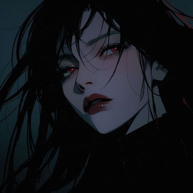 a woman with dark hair and red eyes