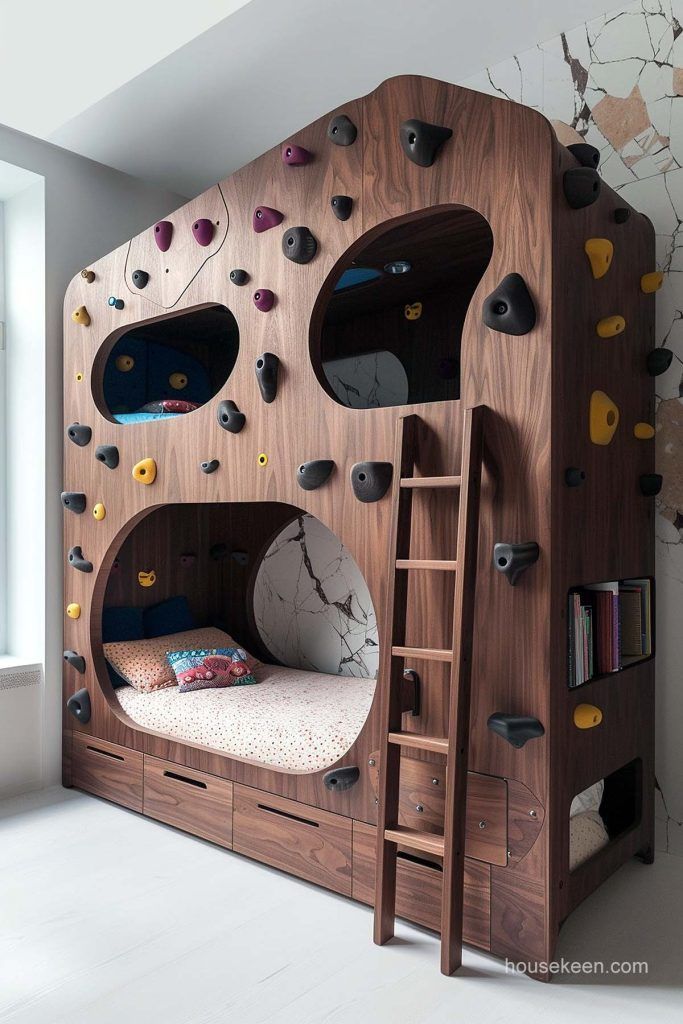 a bedroom with a climbing wall and bunk bed