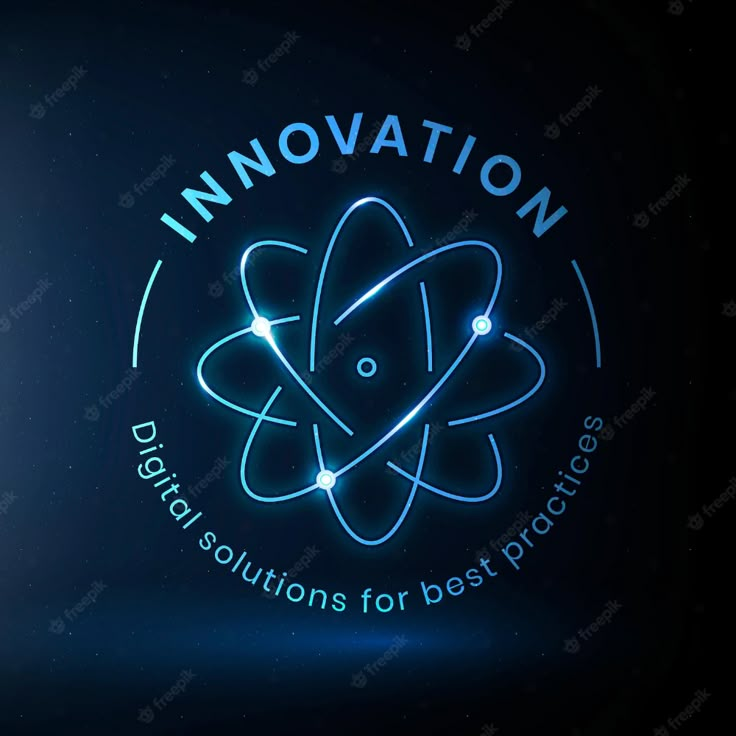 the logo for an innovation company is shown in blue neon lights on a dark background