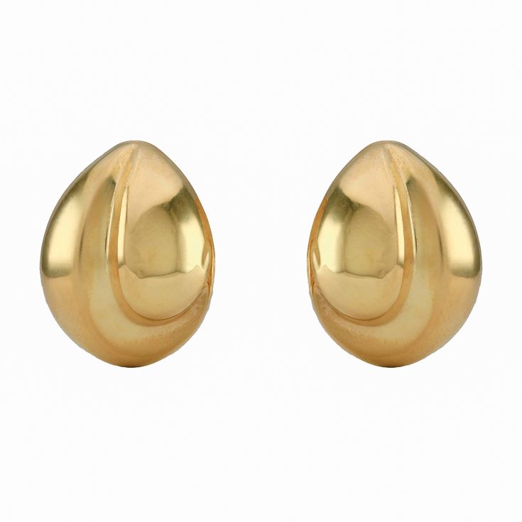 As shown pair of 14k Italian gold earrings! handcrafted in Italy of fine 14k, the gold earrings will stand out and make a statement whether you choose to dress them up or down. The ear-clips represented here have a high polish finish and wonderful indent featuring a brushed polish, that reflects toward the high polish parts of the earring. The earrings are finished off with a post and French clips often referred to as omega backs. Metal Purity: 14k Condition: great, minimal signs of wear Weight: 6.4 Grams Place of Origin: Unknown Circa: 1990's Dimensions:  28.0 mm x  21.0 mm Formal Clip-on Huggie Jewelry, 14k Yellow Gold Clip-on Huggie Earrings, Teardrop Clip-on Earrings For Formal Occasions, Elegant Clip-on Huggie Earrings, Formal Teardrop Clip-on Earrings, Formal Clip-on Huggie Earrings, Gold-tone Polished 14k Gold Earrings, Classic Gold Plated Clip-on Earrings For Anniversary, Classic Yellow Gold Clip-on Jewelry