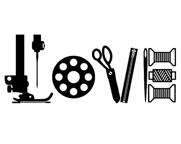 the word love is made up of different types of sewing tools and equipment, including scissors