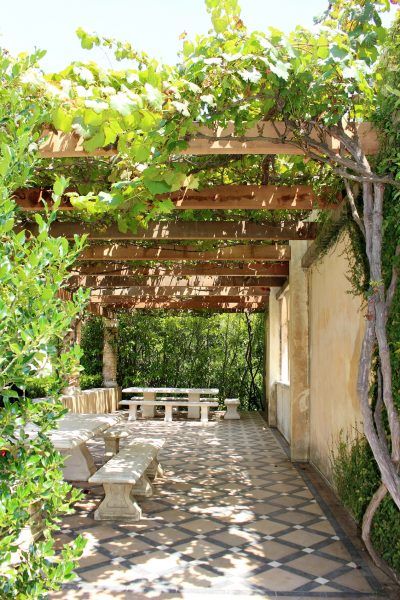 an outdoor area with benches and trees on the side of the building, surrounded by greenery