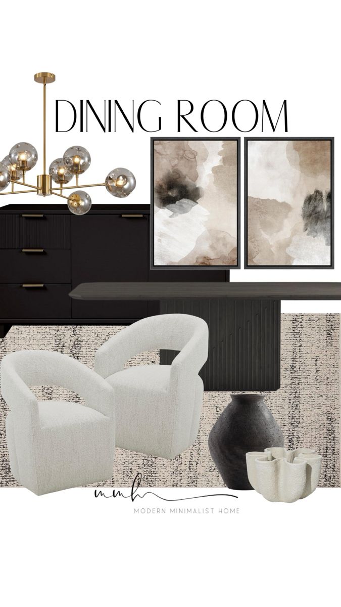 the dining room is decorated in black, white and grey tones with modern touches to it