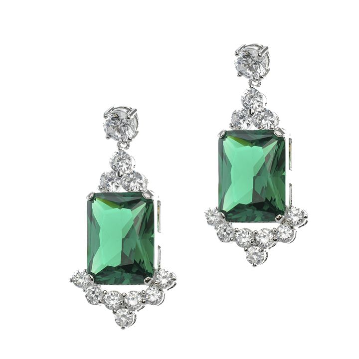 Emerald Deco Drop Earrings $ 245.00  These sparkling drop earrings feature a simulated emerald accented with stunning clear crystals.   Rhodium Plated, Cubic Zirconia  Also available in Sapphire and Amethyst Evening Earrings, Clear Crystals, Hidden Gem, Pierced Earrings, Hidden Gems, Clear Crystal, Luxury Jewelry, Rhodium Plated, Costume Jewelry