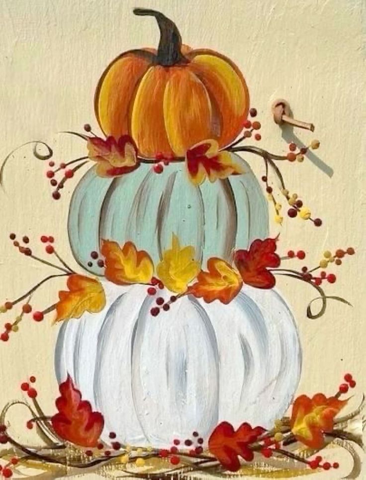 an acrylic painting of a white pumpkin with autumn leaves and berries on it