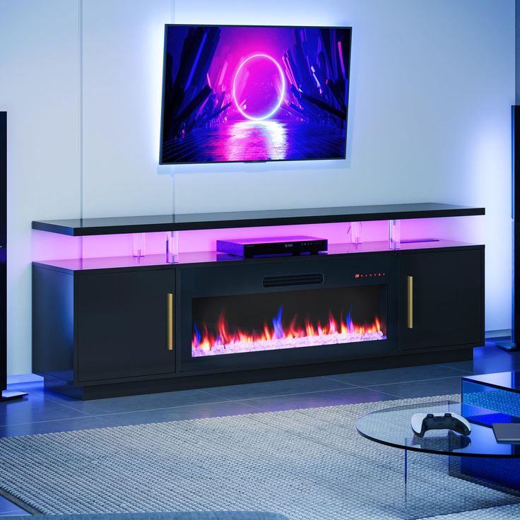 a television mounted on the wall above a fire place in a living room with blue and purple lighting