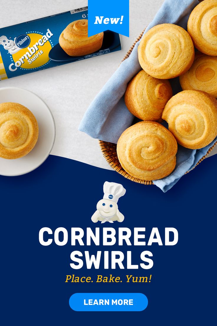 cornbread swirls in a basket next to a blue and white background with the text cornbread swirls place bake, yum learn more