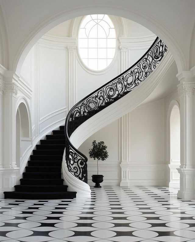 a black and white staircase in an elegant house