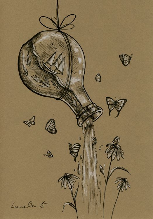 a drawing of a light bulb with butterflies around it