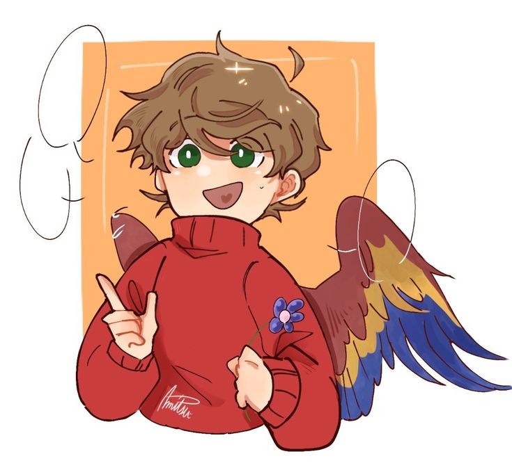 a drawing of a boy with wings on his chest and one hand in the air