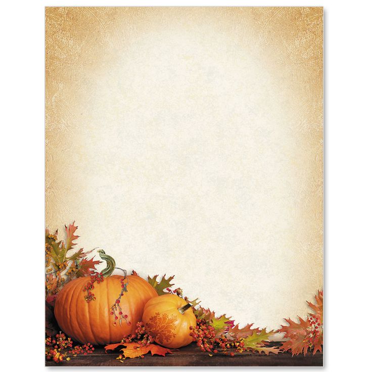 an old paper with pumpkins and leaves on the bottom, in front of a white background