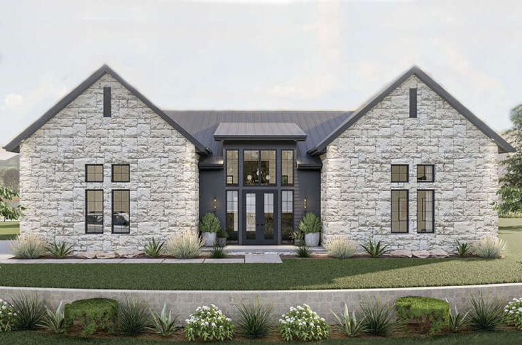 this is an artist's rendering of the front elevation of a modern farmhouse style home