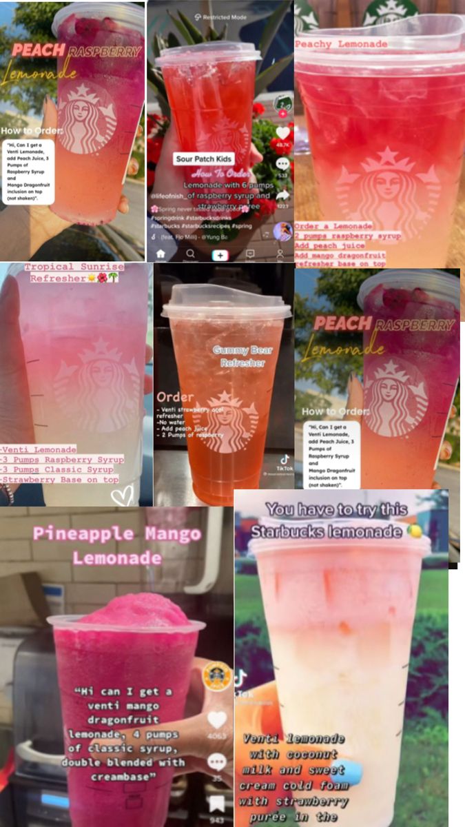 the different types of drinks are shown in this collage, including pineapple mango and pink lemonade