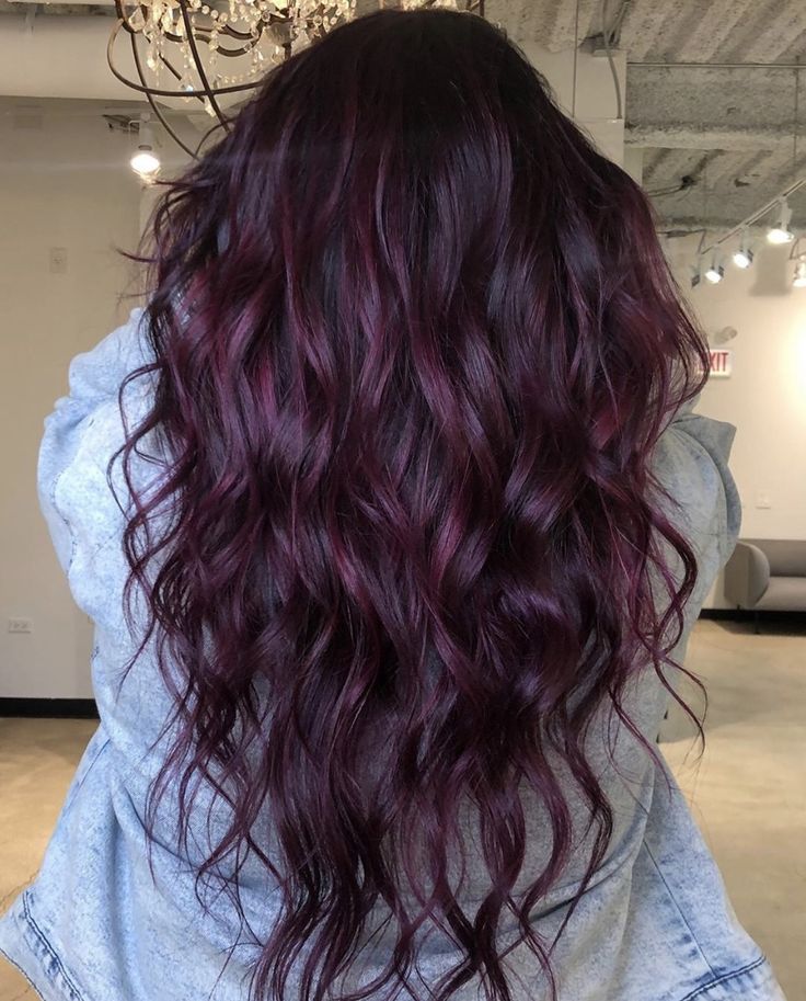 Balayage Plum Hair, Hair Color Ideas Burgundy Highlights, Wine Hair Color Burgundy Purple, Purple Plum Hair Color, Black Plum Hair Color Deep Purple, Dark Brown Hair With Red Violet Balayage, Dark Purple Maroon Hair, Black With Burgundy Hair, New Hair Colour 2023