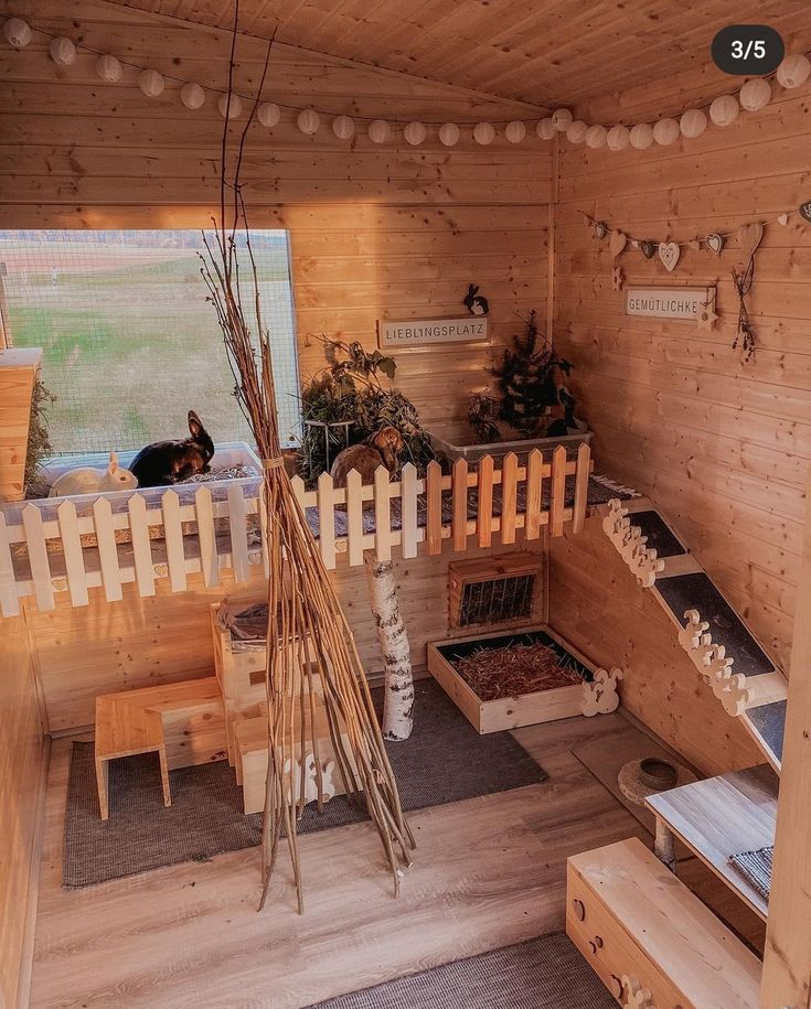 a room filled with lots of wooden furniture and plants on top of it's shelves