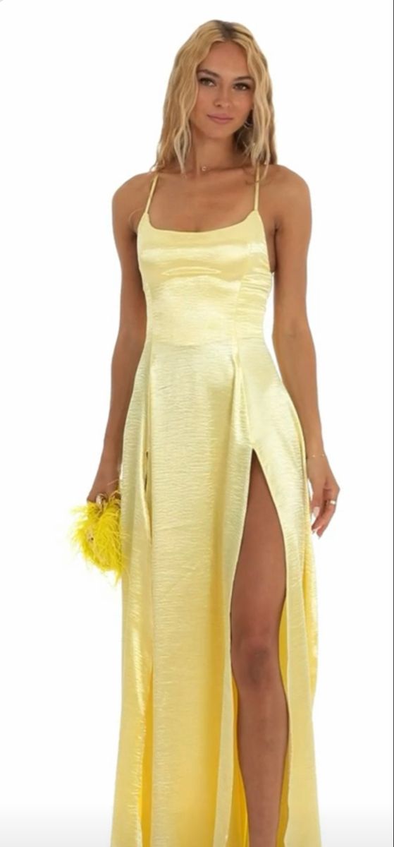 from lucy in the sky Silky Prom Dress, Yellow Satin Prom Dress, Pastel Yellow Bridesmaid Dresses, Pale Yellow Bridesmaid Dresses, Yellow Formal Dress, Light Yellow Dresses, Yellow Homecoming Dresses, Silk Yellow Dress, Yellow Long Dress