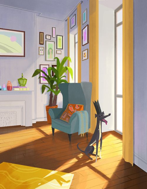 a painting of a living room with a cat on the floor and a chair in front of it