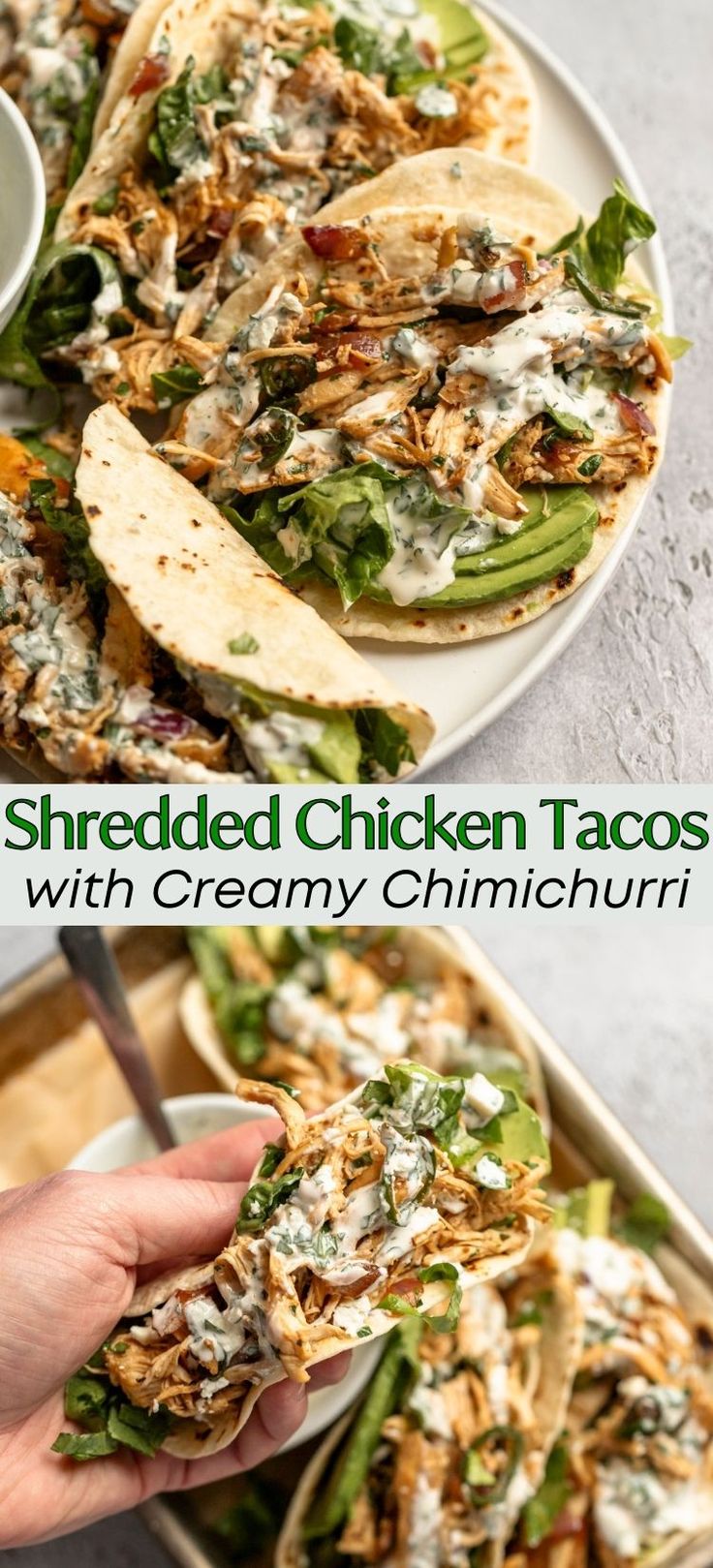 shredded chicken tacos with creamy chimica sauce on top and in the middle