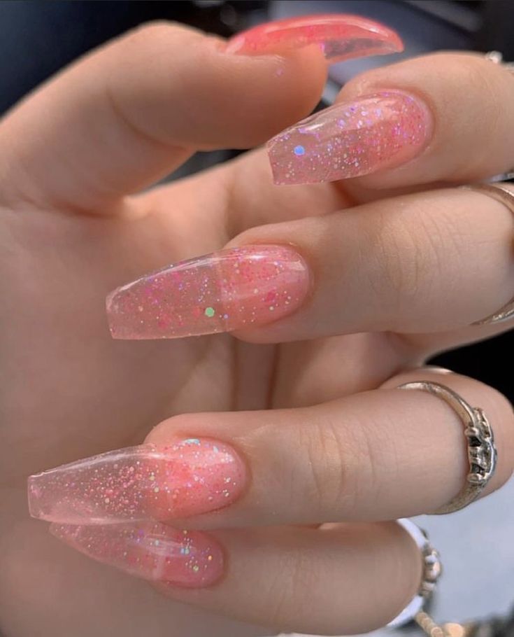 Korean Jelly Nails Pink Glitter, Translucent Nails Acrylic, My Dress Up Darling Nails, Pink Jelly Nails Acrylic, Acrylic Nails Pink Glitter, Transparent Pink Nails, Marin Nails, Glitter Jelly Nails, Jelly Pink Nails