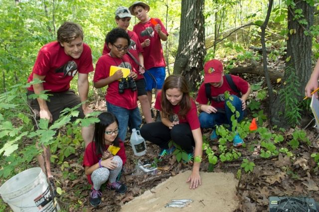 a group of people in red shirts standing around trees and plants with buckets on the ground