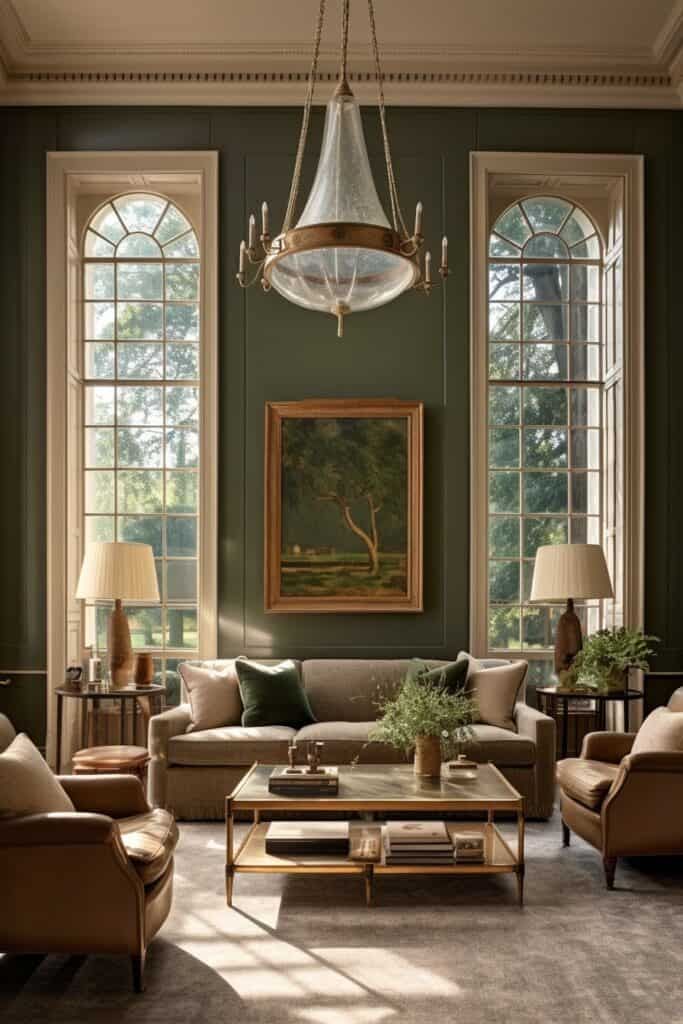 a living room filled with lots of furniture and windows covered in green paint on the walls