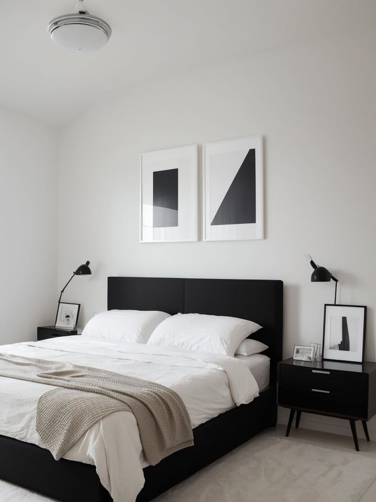 a bed with white sheets and pillows in a room next to two pictures on the wall