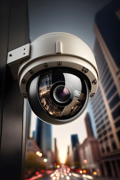 an outdoor security camera mounted on the side of a building with city lights in the background