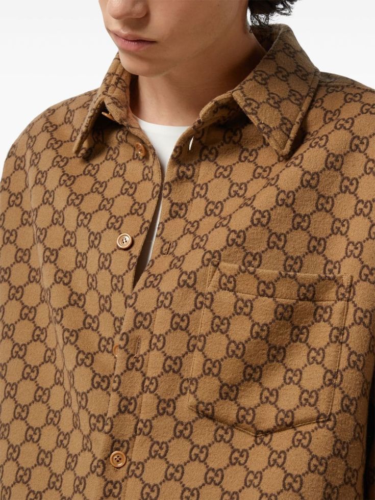 This GG Supreme Flannel Shirt Jacket is the perfect blend of style and comfort, with its classic collar and wool felted finish. The long sleeves and buttoned cuffs add a touch of sophistication, while the chest patch pocket and two side welt pockets provide practicality. Complete with a full lining and signature GG Supreme print monogram jacquard, this jacket is a must-have for any fashion-forward individual. Camel brown/brown color Wool felted finish Signature GG Supreme print monogram jacquard Gucci Cruise, Wool Flannel, Brown Brown, Leather Cap, Long Sleeves Jacket, Gucci Men, Casual Backpack, Denim Pant, Jacket Sale