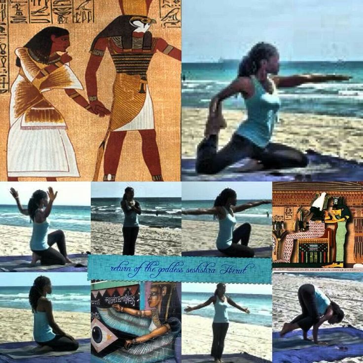 several pictures of women doing yoga on the beach and in front of an egyptian painting