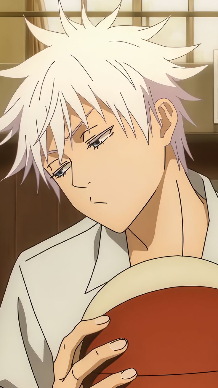 an anime character with white hair holding a basketball