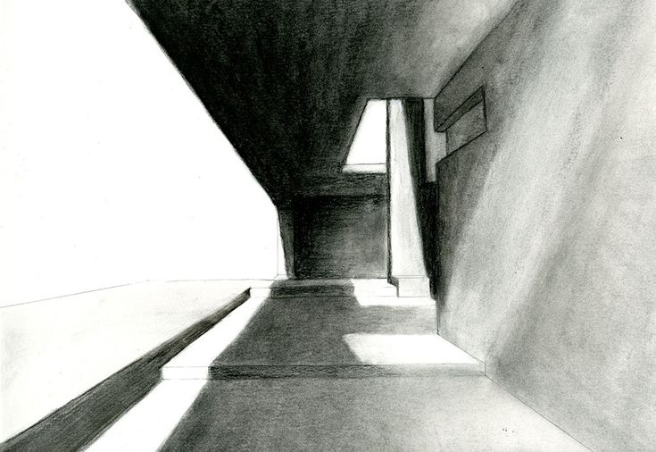 a black and white drawing of a hallway