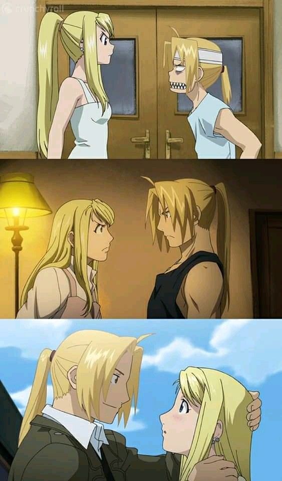 two anime characters one is blonde and the other is blonde, both are looking at each other