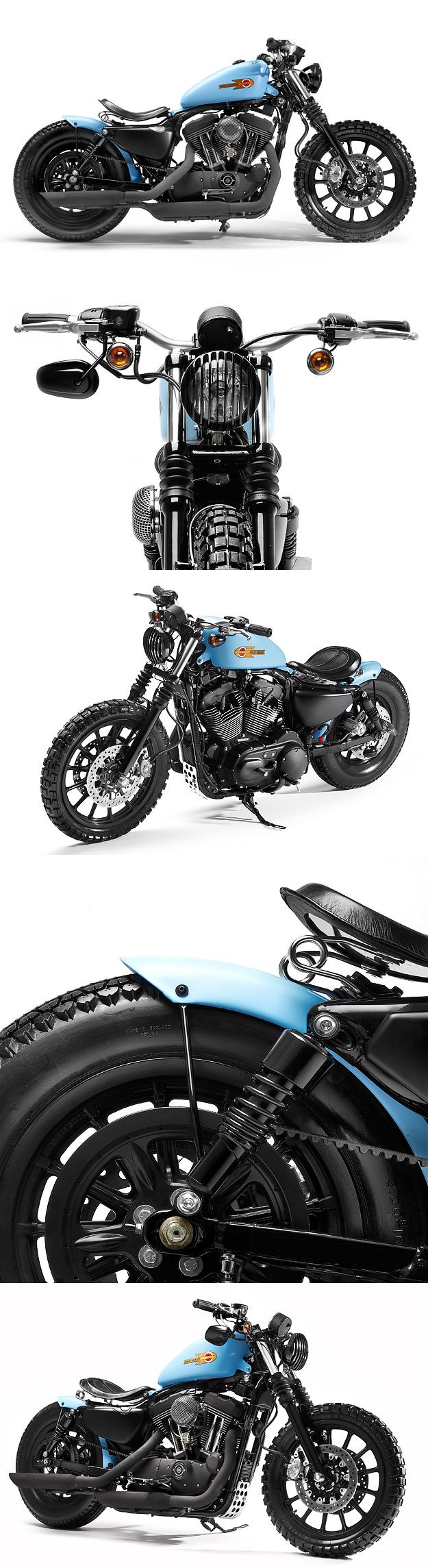 three different views of a motorcycle with the front and rear wheels facing each other, all in black and blue