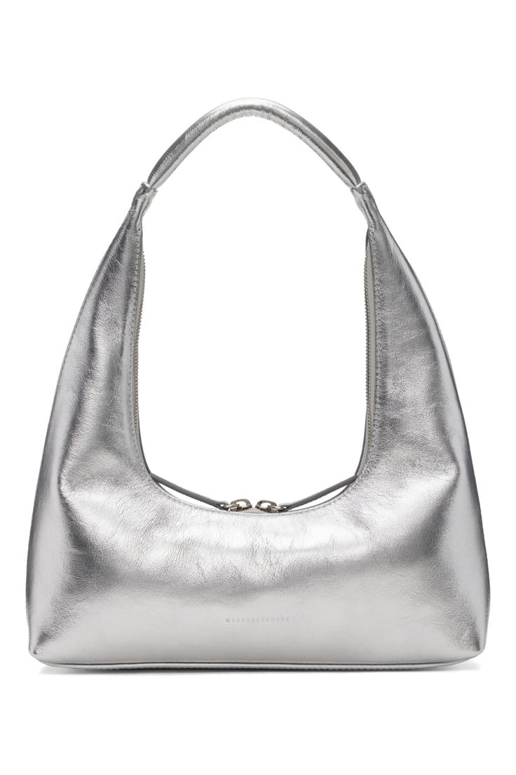 Marge Sherwood: Silver Zipped Bag | SSENSE Modern Rectangular Hobo Bag With Silver-tone Hardware, Modern Metallic Double Handle Bag, Silver Textured Leather Tote Shoulder Bag, Metallic Shoulder Bag With Silver-tone Hardware For Everyday, Metallic Bags With Silver-tone Hardware For Everyday, Modern Metallic Shoulder Bag For Everyday, Modern Metallic Silver Bags For Everyday Use, Silver Leather Top Handle Shoulder Bag, Classic Silver Shoulder Bag With Removable Pouch