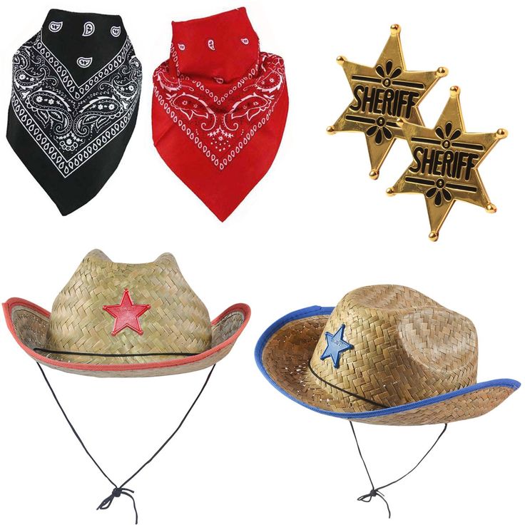 cowboy hats and bandannas with sheriff stars on them