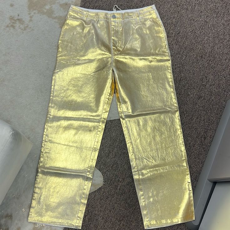 Brand New With Tags, Gold Metallic High Waist Straight Leg Pants. Trendy High Waist Gold Pants, Trendy Gold Wide-leg Bottoms, Gold Long Pants For Summer, Gold Wide Leg Pants For Summer, Trendy Gold Wide Leg Pants, Casual High Waist Gold Pants, Casual Fitted Gold Pants, Casual Gold High Waist Pants, Gold Trousers For Spring