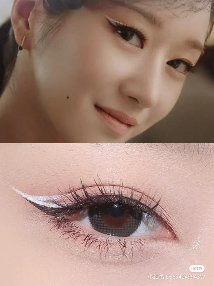 White Eyeliner Asian, Asian Graphic Liner, Doujin Makeup Trend, 2024 Makeup, Double Eyeliner, Seo Yeji, Kpop Makeup, Eyeliner Hacks, Graphic Eyeliner