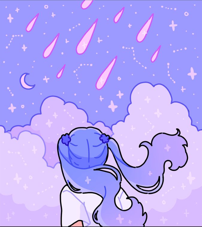 an illustration of a girl in the sky with clouds and stars