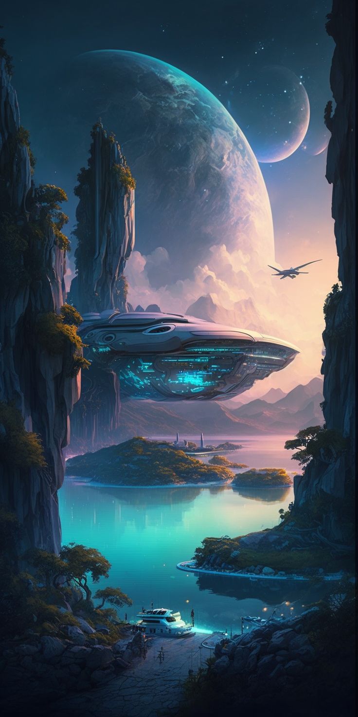 an alien landscape with spaceships floating in the water and mountains on either side of it