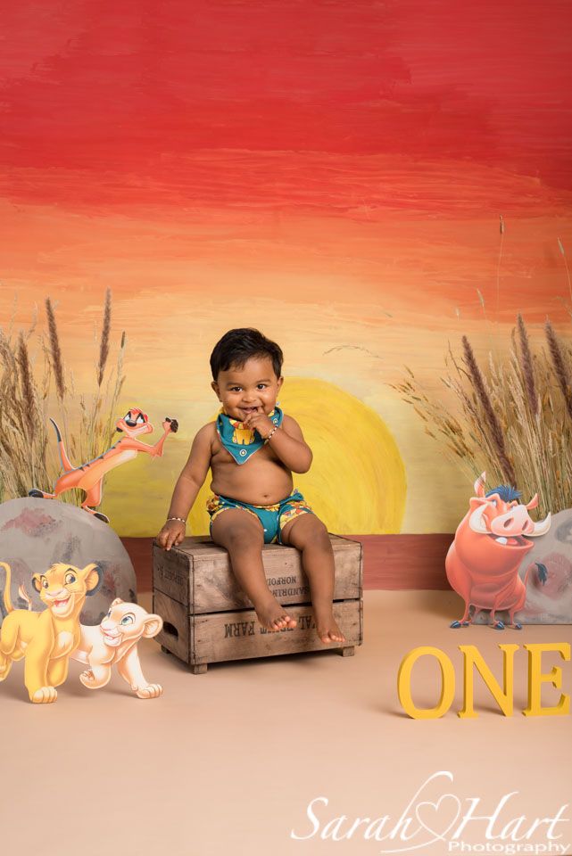 a baby sitting on top of a wooden box in front of a wall with animals