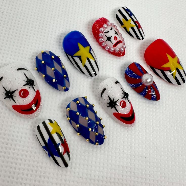 Jester Nails, Gel Fall Nail Colors, Clown Couture, Circus Nails, Clown Core, Kids Nail Designs, Nail Shades, Horror Nails, Hippie Nails