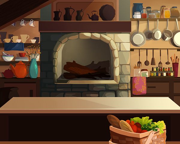 an illustration of a kitchen with a fire place and cooking utensils on the counter