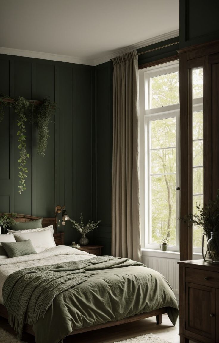 a bedroom with dark green walls and white bedding, plants on the window sill