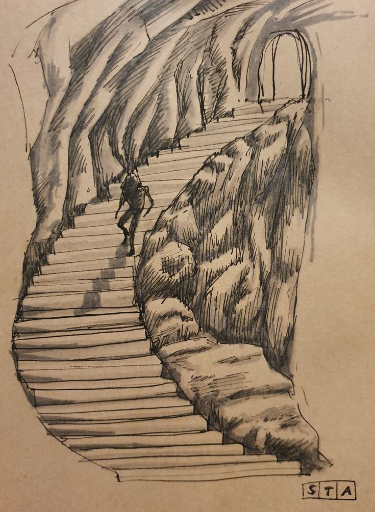 a drawing of a man walking up some stairs in the mountains with trees on each side