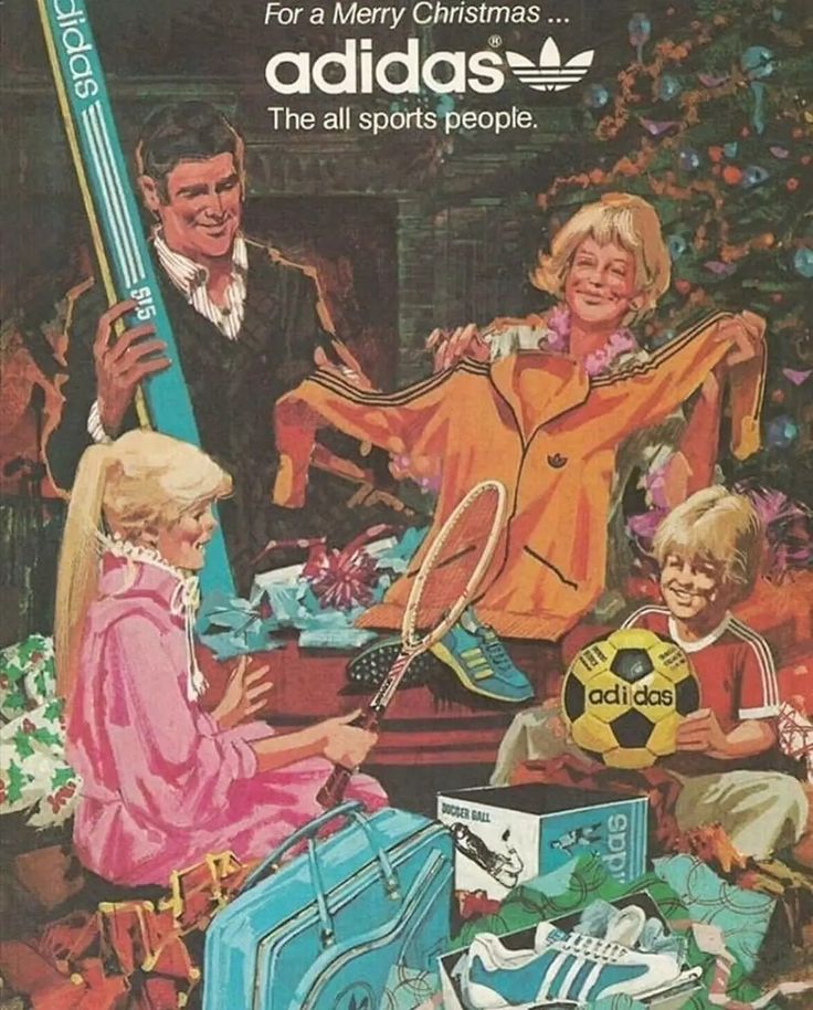 an old advertisement for adidas with children and adults around the christmas tree holding tennis racquets