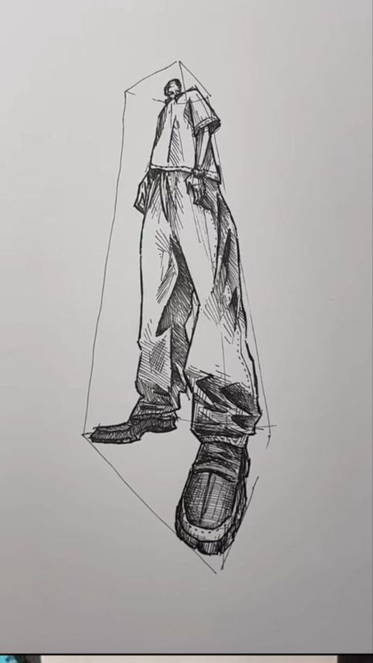 a drawing of a person standing in front of a mirror with their feet on the ground