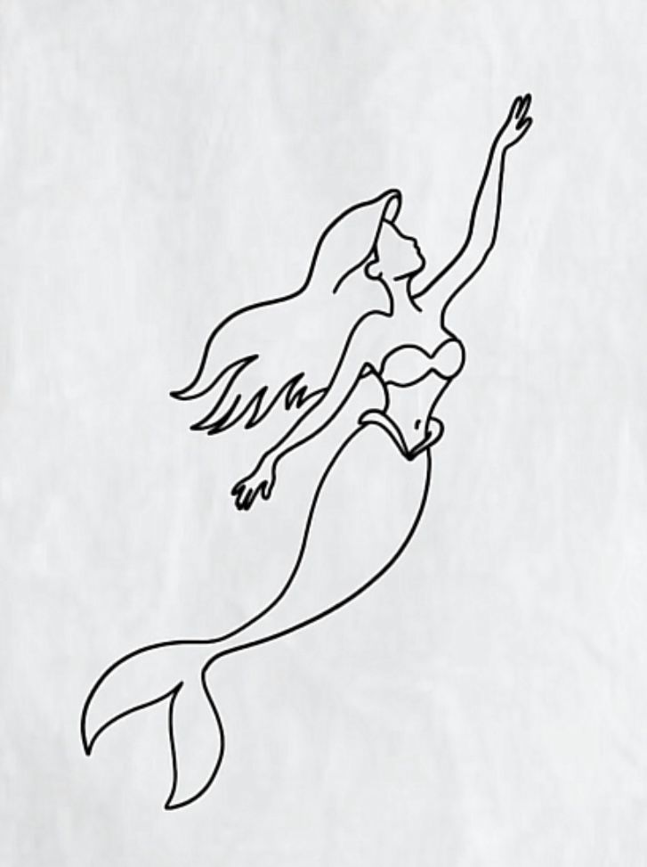 a black and white drawing of a mermaid holding a fish in it's mouth