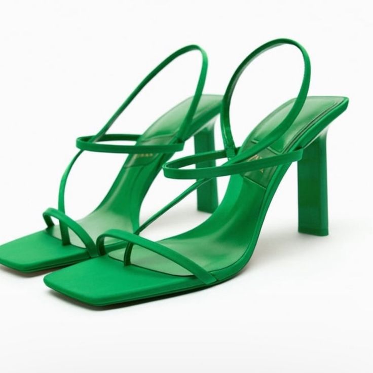 Heels: 3.5 In Straps 38/7.5 Green Open Heel Evening Heels, Green Sandals With 4-inch Heel For Summer, Chic Green Sandals With 4-inch Heel, Green High Heel Sandals For Evening, Chic Green Ankle Strap Slingback Sandals, Chic Green Slingback Sandals With Ankle Strap, Chic Green Slingback Sandals With Heel Strap, Green Evening Sandals With Wrapped Heel, Green Summer Heels With Sculpted Heel