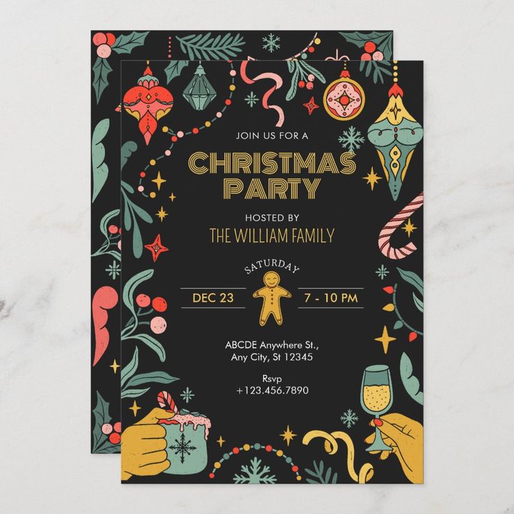 a christmas party with hand drawn decorations on the front and back of the card is shown